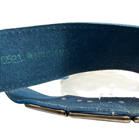 Vintage 80s Blue Leather Wide Statement Waist Belt with Metal Detail Size M/L